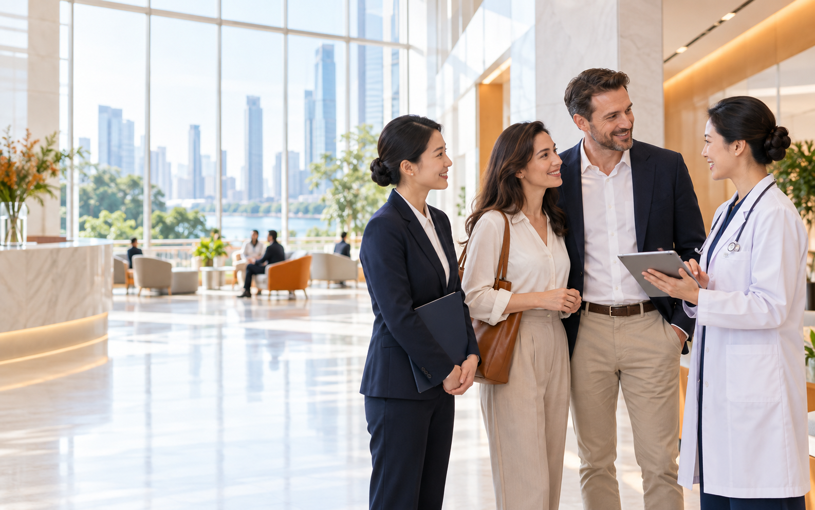International patients meeting their healthcare team in a modern hospital